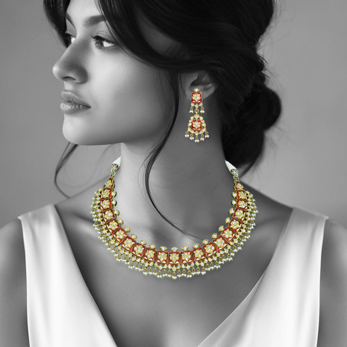 Red Enamel Polki Necklace with Floral Motifs and Cheed Pearls